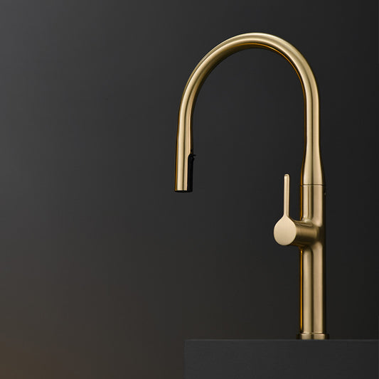 Llave Grifo Mezcladora Monomando Curvo Minimalista De Lujo Para Cocina Mate Oro cepillado