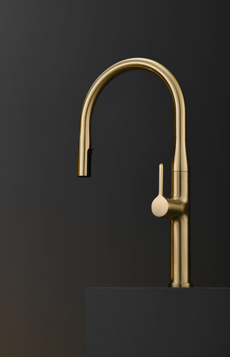 Llave Grifo Mezcladora Monomando Curvo Minimalista De Lujo Para Cocina Mate Oro cepillado