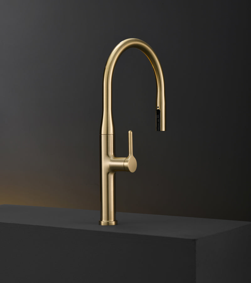 Llave Grifo Mezcladora Monomando Curvo Minimalista De Lujo Para Cocina Mate Oro cepillado