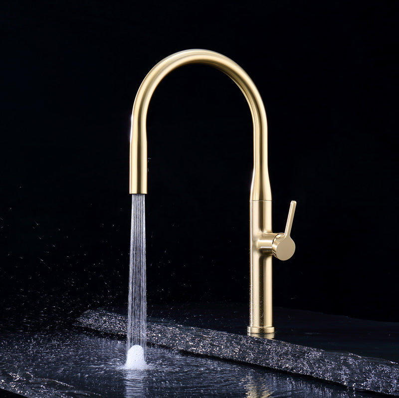 Llave Grifo Mezcladora Monomando Curvo Minimalista De Lujo Para Cocina Mate Oro cepillado