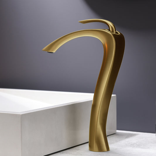 Llave Grifo Mezcladora Monomando Curvo Minimalista De Lujo Ovalin Para Baño Color Dorado Oro Cepillado