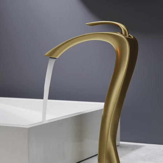 Llave Grifo Mezcladora Monomando Curvo Minimalista De Lujo Ovalin Para Baño Color Dorado Oro Cepillado